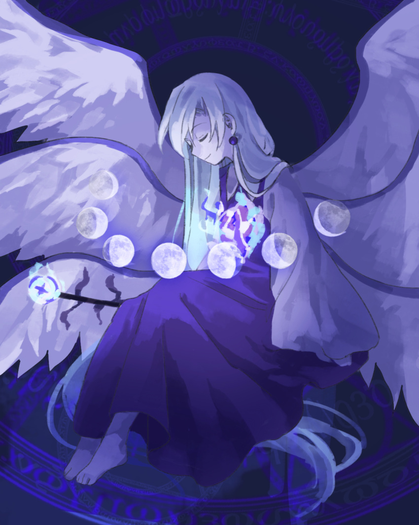 1girl barefoot blue_theme closed_eyes collared_shirt commentary_request earrings feathered_wings highres invisible_chair jewelry kaigen_1025 long_hair long_sleeves monochrome moon_phases multiple_wings sariel_(touhou) shirt sitting smile solo touhou touhou_(pc-98) wings