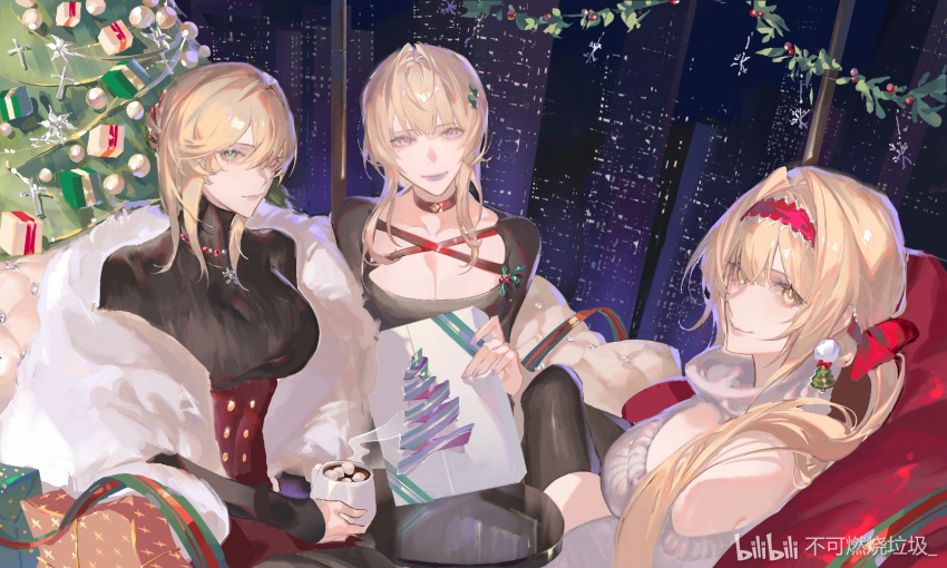 3girls alternate_costume bare_shoulders bead_necklace beads bianca:_stigmata_(punishing:_gray_raven) bianca:_veritas_(punishing:_gray_raven) bianca:_zero_(punishing:_gray_raven) bianca_(punishing:_gray_raven) bilibili_logo bilibili_username blonde_hair bodystocking bow box breasts building bukeranshao_laji chinese_commentary choker christmas christmas_ornaments christmas_tree christmas_tree_earrings city cleavage commentary couch cross cup drink earrings feather_boa food gift gift_box green_eyes hair_bow hair_intakes hair_over_one_eye hairband highres holding holding_drink holding_gift hot_drink indoors jewelry large_breasts long_hair looking_at_viewer marshmallow mistletoe mixed-language_commentary mole mole_under_eye mug multiple_girls multiple_persona nail_polish necklace night on_couch one_eye_covered pom_pom_(clothes) pom_pom_earrings ponytail punishing:_gray_raven purple_eyes purple_lips purple_nails red_bow red_choker red_hairband sitting skyscraper sleeves_past_wrists snowflake_necklace snowflakes sweater updo white_sweater yellow_eyes