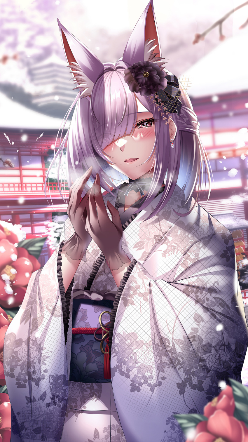 1girl absurdres animal_ear_fluff animal_ears black_gloves blurry blurry_background blush earrings extra_ears floral_print floral_print_kimono flower fox_ears fox_girl gloves hair_flower hair_ornament hair_over_one_eye highres indie_virtual_youtuber japanese_clothes jewelry kamishiro_natsume kimono long_sleeves looking_at_viewer medium_hair obi open_mouth outdoors purple_hair sash solo virtual_youtuber white_kimono wide_sleeves yuuzuki_hijiri
