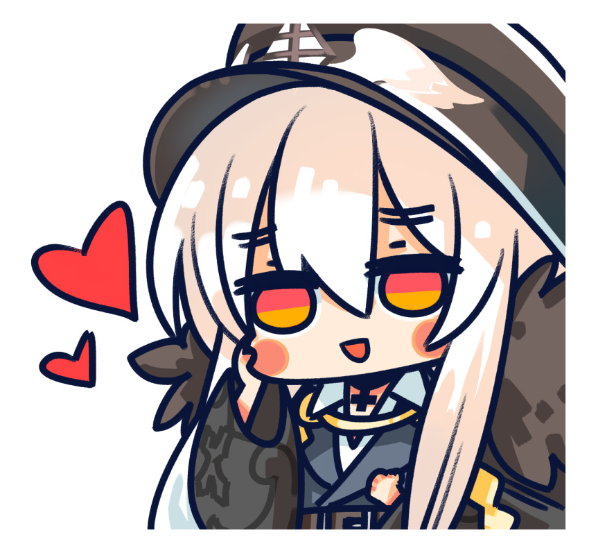 1girl :d aiguillette black_headwear black_jacket blush_stickers chibi chinese_commentary choker coat commentary_request cross fur-trimmed_coat fur_trim girls'_frontline hair_between_eyes hand_on_own_cheek hand_on_own_face hat heart highres iron_cross jacket kar98k_(girls'_frontline) long_hair long_sleeves official_art orange_eyes peaked_cap red_eyes simple_background smile solo su_xiao_jei two-tone_eyes upper_body white_background white_hair