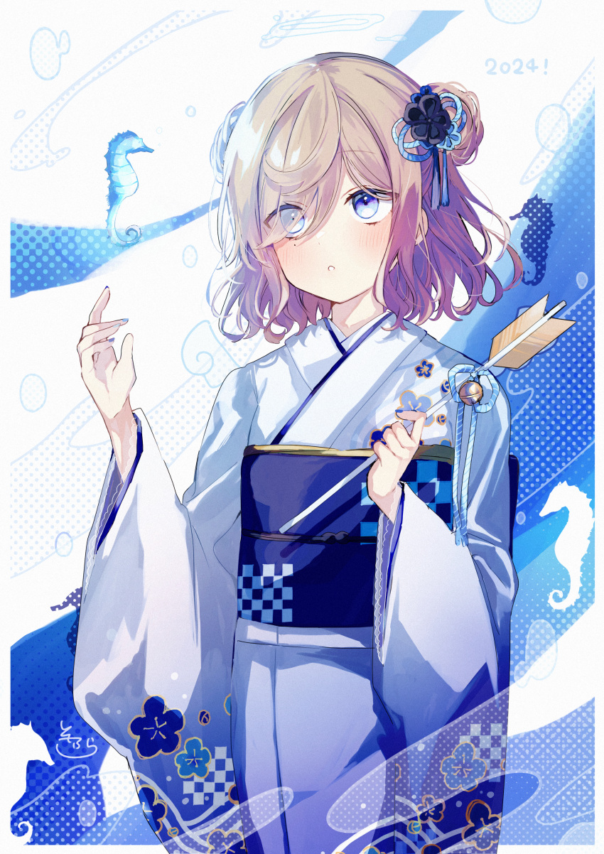1girl 2024 :o absurdres arrow_(projectile) bell black_flower blue_eyes blue_flower blue_kimono blue_nails blush brown_hair commentary_request double_bun eyes_visible_through_hair fish floral_print flower hair_bun hair_flower hair_ornament hair_over_one_eye hamaya hands_up highres holding holding_arrow japanese_clothes jingle_bell kimono long_sleeves nail_polish obi original parted_lips print_kimono revision sash seahorse sofra solo white_background white_kimono wide_sleeves