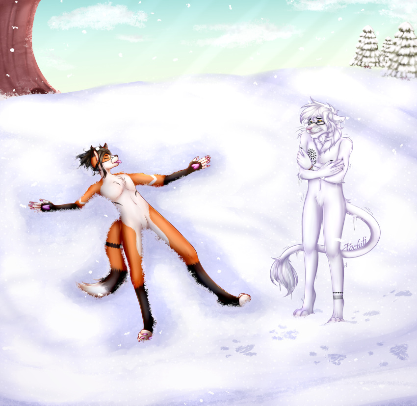 absurd_res akira_fox anthro canid canine cold duo eyewear featureless_crotch felid fox freezing fur fur_markings glasses hi_res lion macter male male/male mammal markings nude orange_body orange_fur pantherine paws plant snow snow_angel tattoo tree white_body white_fur xochiti