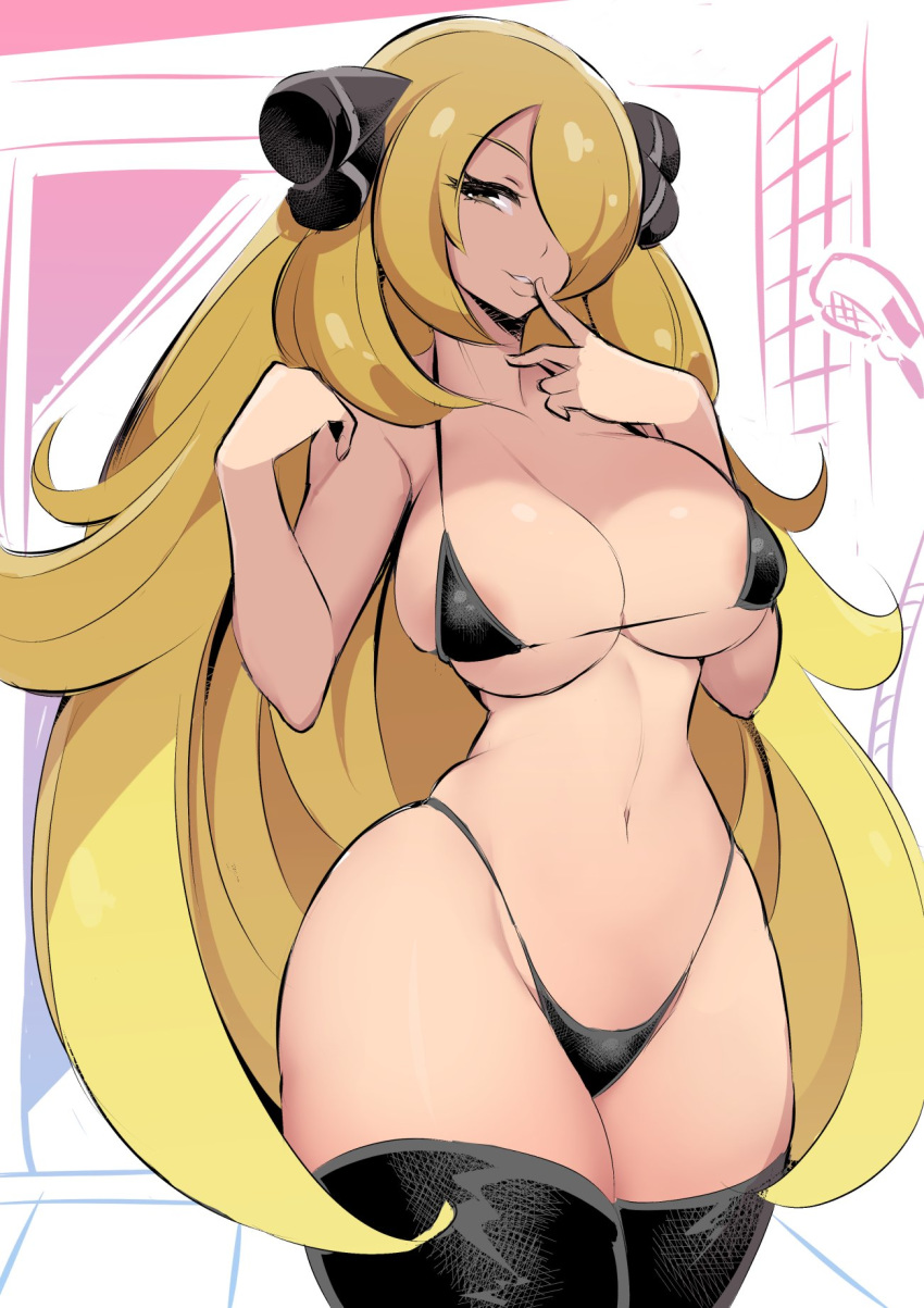 1girl areola_slip areolae bikini black_bikini black_legwear blonde_hair breasts cleavage commentary_request cowboy_shot curvy finger_to_mouth grey_eyes hair_ornament hair_over_one_eye highres large_breasts long_hair looking_at_viewer nac000 navel parted_lips pokemon pokemon_(game) pokemon_dppt shadow shiny shiny_skin shirona_(pokemon) simple_background smile solo swimsuit teeth thighhighs