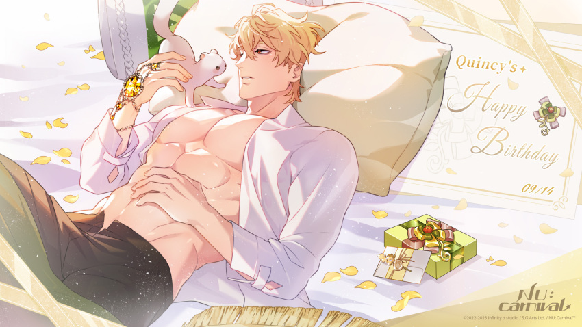1boy bags_under_eyes birthday_card blonde_hair box collared_shirt ermine ferret gift gift_box happy_birthday highres large_pectorals letter long_sleeves looking_at_another lying male_focus muscular muscular_male nu_carnival official_art on_back on_bed open_clothes open_shirt orange_eyes pectorals pillow quincy_(nu_carnival) shirt short_hair topper_(nu_carnival) wax_seal weasel white_shirt yellow_gemstone yellow_petals