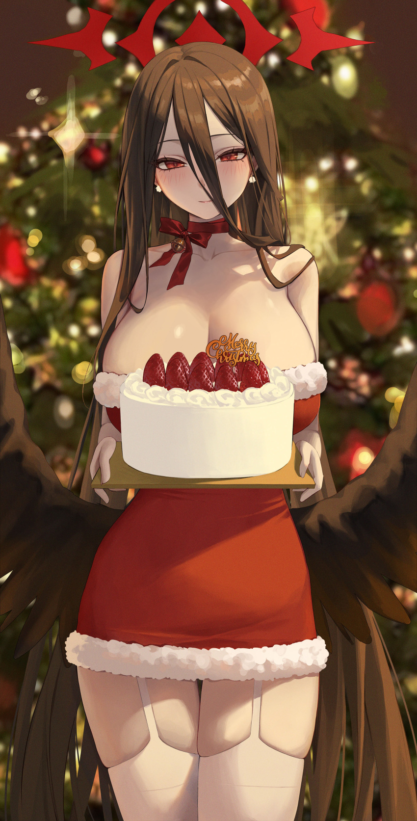 1girl absurdres alternate_costume ame_816 bare_shoulders black_hair black_wings blue_archive blurry blurry_background blush breasts cake christmas_tree cleavage collarbone dress earrings feathers food fur-trimmed_dress fur_trim hair_between_eyes halo hasumi_(blue_archive) highres holding holding_tray jewelry large_breasts long_bangs long_hair looking_at_viewer neck_ribbon pom_pom_(clothes) pom_pom_earrings red_dress red_eyes red_halo red_ribbon ribbon santa_costume skindentation solo straight_hair strawberry_cake thighhighs tray very_long_hair white_thighhighs wings