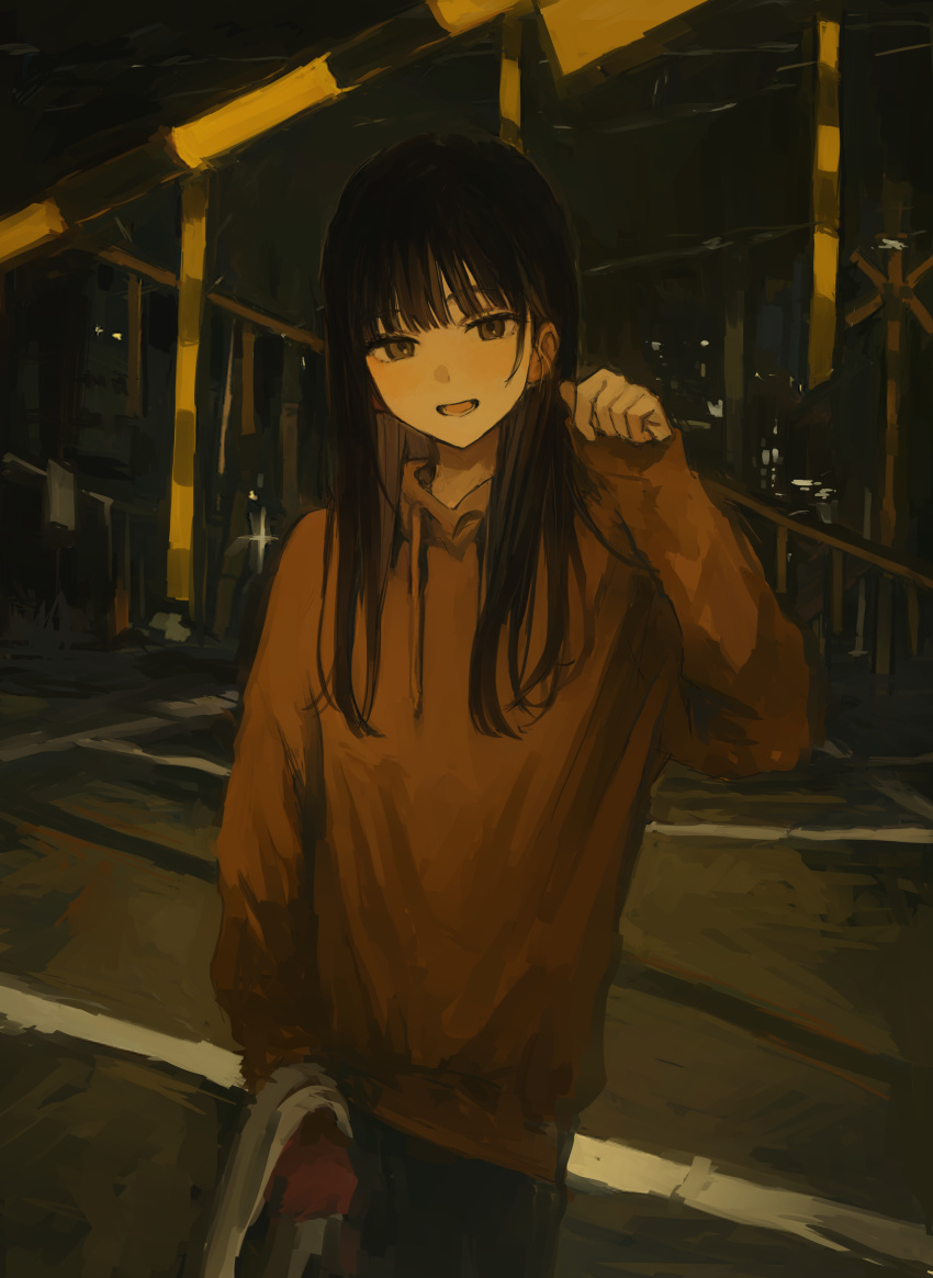 1boy absurdres androgynous black-haired_boy_(iwzry) boom_barrier brown_eyes brown_hair funabashi_(iwzry) highres hood hoodie long_hair long_sleeves looking_at_viewer male_focus night open_mouth orange_hoodie original outdoors railroad_crossing railroad_signal short_hair smile solo tongue