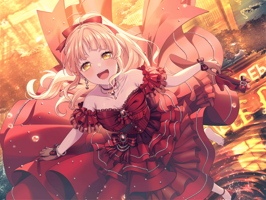 1girl bang_dream! blonde_hair blush bow bracelet choker corset dress earrings floating_hair gem gloves gown hair_bow high_heels high_ponytail holding holding_shoes jewelry long_dress long_hair off-shoulder_dress off_shoulder official_art open_mouth outdoors pearl_(gemstone) puddle red_dress reflection reflective_water ripples shoes single_shoe smile solo third-party_source tsurumaki_kokoro unworn_shoes water_drop wind yellow_eyes