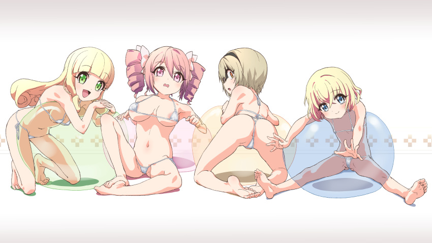 4girls absurdres anus anus_peek areola_slip artist_request ass ball bikini blonde_hair blue_eyes blush breasts closed_mouth crotch drill_hair exercise_ball feet from_behind green_eyes hair_ribbon hairband highres jashin-chan_dropkick large_breasts lierre long_hair looking_at_viewer looking_back micro_bikini multiple_girls navel open_mouth orange_eyes pekora_(jashin-chan_dropkick) pink_eyes pink_hair pino_(jashin-chan_dropkick) poporon_(jashin-chan_dropkick) ribbon short_hair side-tie_bikini_bottom small_breasts smile soles source_request spread_legs swimsuit twin_drills white_bikini