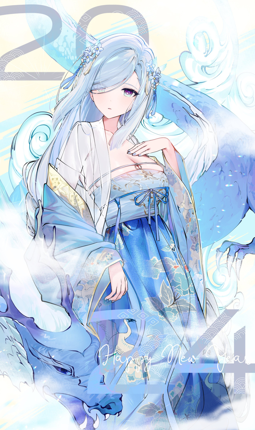 1girl 2024 absurdres alternate_costume blue_hair breasts china_dress chinese_clothes dragon dress genshin_impact hair_ornament hair_over_one_eye happy_new_year highres kkopoli light_blue_hair long_hair long_sleeves looking_at_viewer medium_breasts multicolored_eyes multicolored_hair purple_eyes shenhe_(genshin_impact) very_long_hair white_hair