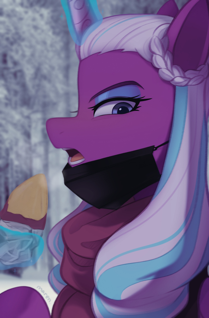 blue_eyes blue_eyeshadow blue_hair equid equine eyeshadow face_mask female food hair hasbro hi_res horn makeup mammal marenlicious mask mlp_g5 multicolored_hair my_little_pony opaline_(mlp) open_mouth plant scarf sweet_potato two_tone_hair vegetable white_hair winged_unicorn wings