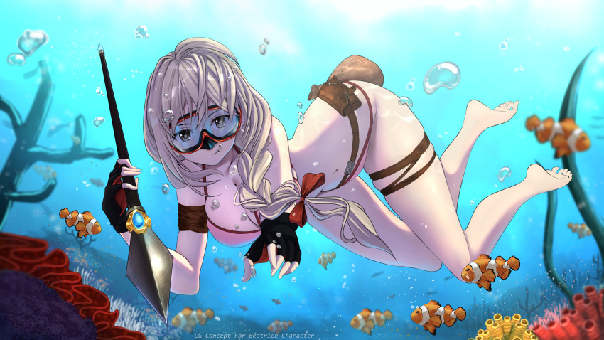 1girl absurdres air_bubble beatrice_(brown_dust) belt_pouch bikini biru_saeika black_gloves blonde_hair breasts brown_dust_2 brown_eyes bubble closed_mouth coral_reef dappled_sunlight diving diving_mask fish gloves goggles groin hair_ribbon highres holding holding_polearm holding_weapon knees_together_feet_apart large_breasts light_smile long_hair looking_down midriff navel partially_fingerless_gloves pink_bikini pointing polearm ponytail pouch ribbon sack solo sunlight swimsuit underwater weapon