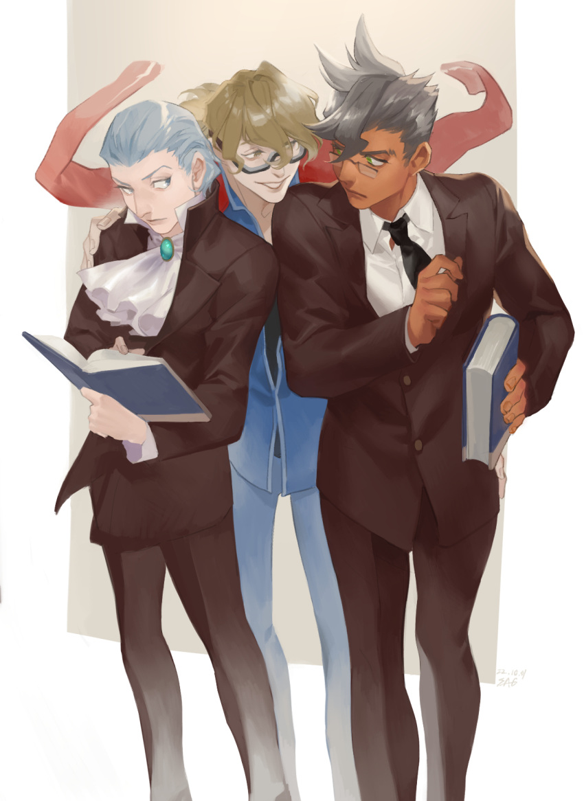 3boys ace_attorney aged_down ascot black_necktie black_pants black_suit book brown_eyes damon_gant dated eye_contact green_eyes grey_eyes hand_on_another's_shoulder highres holding holding_book ichiyanagi_bansai jacket jacket_on_shoulders looking_at_another male_focus manfred_von_karma multiple_boys necktie open_book pants semi-rimless_eyewear standing suit tan vm_(as92402) white_ascot