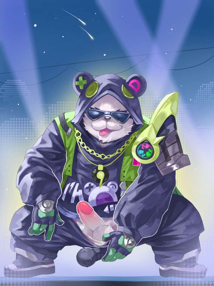 2023 anthro arena_of_valor balls bear bottomwear clothing colaoaoiacquy electronics erection eyewear fur genitals giant_panda hi_res hoodie humanoid_genitalia humanoid_hands humanoid_penis kemono male mammal microphone overweight overweight_male pants penis sunglasses tongue tongue_out topwear white_body white_fur zuka_(arena_of_valor)