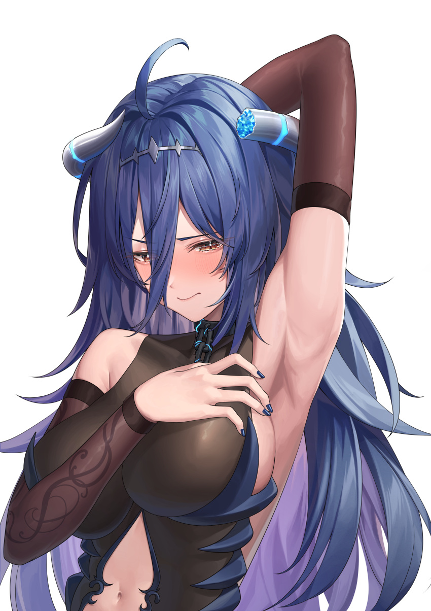 1girl absurdres ahoge armpits blue_hair blue_nails blush breasts broken_horn brown_eyes clothing_cutout detached_sleeves hair_between_eyes highres horns large_breasts leotard long_hair multicolored_horns nanaomi_(ryniix) navel_cutout oumiya_emma prism_project two-tone_horns virtual_youtuber