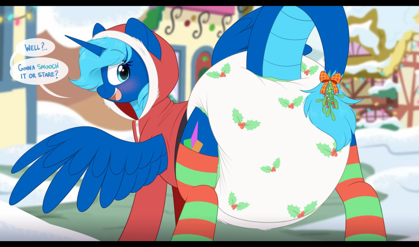 big_diaper blue_body blue_eyes blue_fur blue_hair blue_wings blush building clothing cutie_mark diaper equid equine fan_character footwear fur hair hasbro hi_res hoodie horn house legwear mammal mistletoe mistletoe_on_tail my_little_pony pattern_clothing pattern_footwear pattern_legwear pattern_socks plant ponyville shuphle snow socks striped_clothing striped_footwear striped_socks stripes topwear winged_unicorn wings