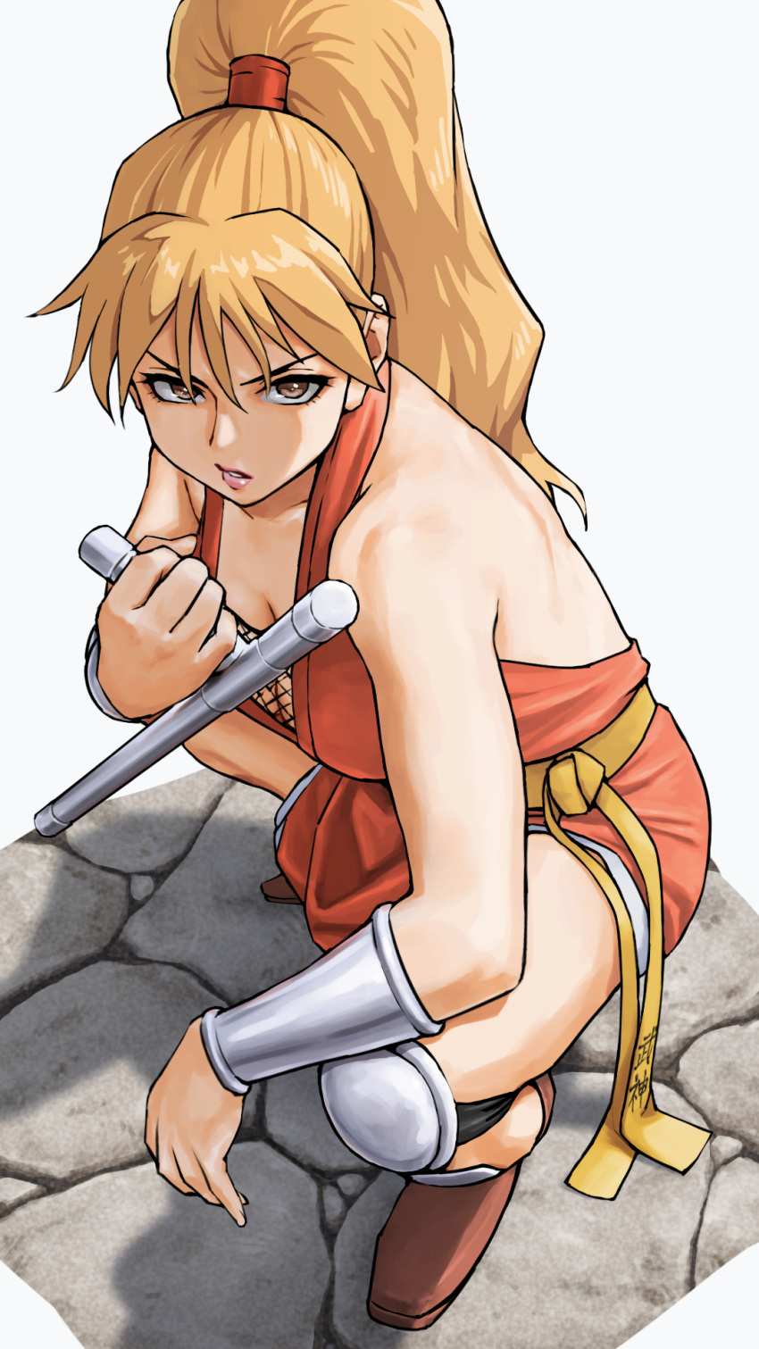 1girl blonde_hair breasts brown_eyes cleavage commentary_request final_fight final_fight_2 fingerless_gloves from_above genryuusai_maki gloves high_ponytail highres japanese_clothes knee_pads long_hair looking_at_viewer medium_breasts ninja pelvic_curtain ponytail sash shoes solo squatting tonfa translation_request weapon x_chitch yellow_sash