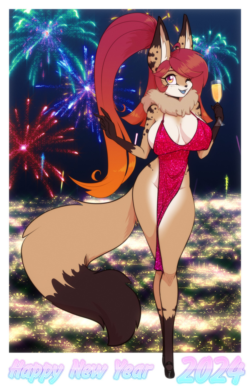 2024 absurd_res alcohol anthro beverage big_breasts breasts champagne champagne_glass dipstick_ears dipstick_tail eyebrows eyelashes female gamma_(scorpdk) gloves_(marking) hair hi_res holidays inner_ear_fluff leg_markings long_hair looking_at_viewer mammal markings multicolored_ears neck_tuft new_year one_eye_closed open_mouth open_smile ponytail red_hair scorpdk smile socks_(marking) solo tail tail_markings tuft unknown_species wink