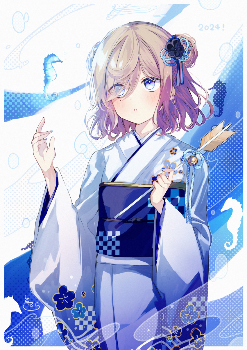 1girl 2024 :o absurdres arrow_(projectile) bell black_flower blue_eyes blue_flower blue_kimono blue_nails blush brown_hair commentary_request double_bun eyes_visible_through_hair fish floral_print flower hair_bun hair_flower hair_ornament hair_over_one_eye hamaya hands_up highres holding holding_arrow japanese_clothes jingle_bell kimono long_sleeves nail_polish obi original parted_lips print_kimono sash seahorse sofra solo white_background white_kimono wide_sleeves