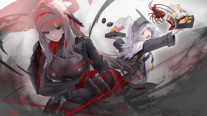 2girls absurdres amejaga armored_bodysuit black_bodysuit blush bodysuit breasts cleavage commentary_request cowboy_shot expressionless food gloves goddess_of_victory:_nikke grey_hair highres holding large_breasts lobster long_hair multiple_girls open_mouth outstretched_arm parted_lips red_eyes scarlet_(black_shadow)_(nikke) shrimp snow_white:_innocent_days_(nikke) snow_white_(nikke) standing sushi sword visor_lift weapon white_hair yellow_eyes