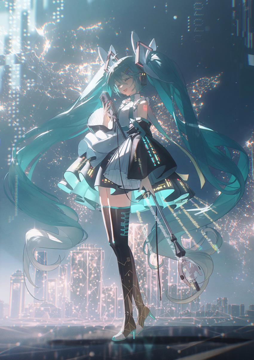 1girl absurdres aqua_hair aqua_necktie black_footwear black_skirt blush_stickers boots city closed_eyes closed_mouth collared_shirt detached_sleeves english_commentary full_body grey_shirt hair_ornament hatsune_miku high_heels highres holding holding_microphone konya_karasue long_hair microphone music necktie open_mouth own_hands_together pleated_skirt shirt simple_background singing skirt solo teeth thigh_boots thighhighs twintails upper_teeth_only very_long_hair vocaloid white_background wide_sleeves