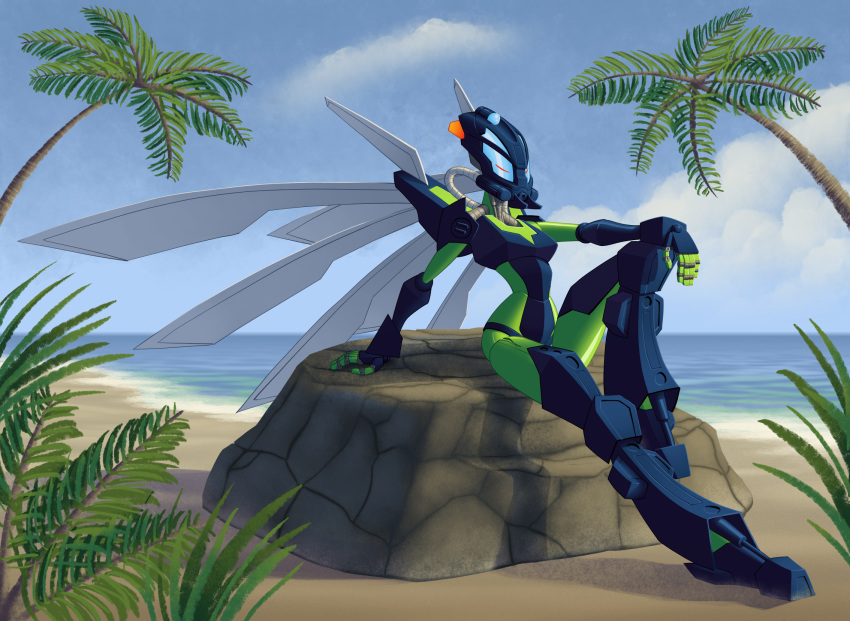 armor beach bionicle blue_body breaker-of-oaths digital_drawing_(artwork) digital_media_(artwork) diving_mask female fingers front_view hahli hi_res humanoid leaf lego living_machine machine mask metal_wings multicolored_body not_furry one_leg_up orange_eyes palm_tree raised_leg relaxing robot rock sea seaside shoreline simple_background sitting sky skyline solo toa tree two_tone_body water wings