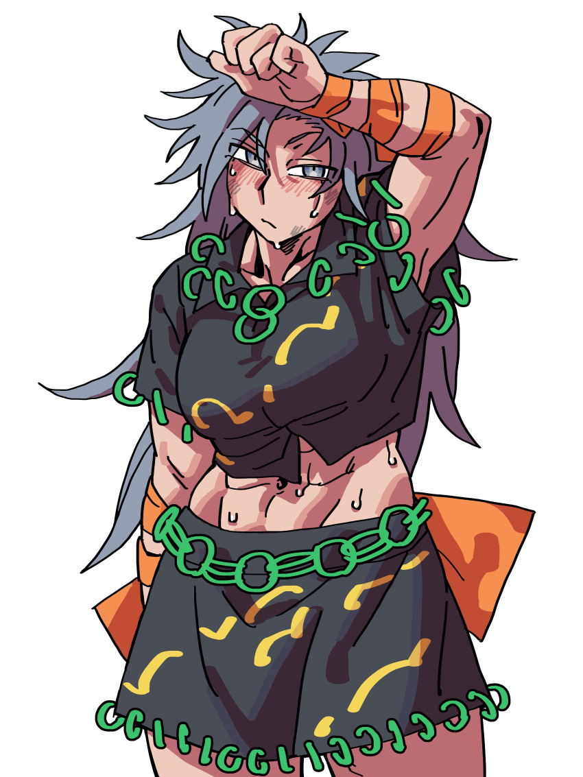 1girl abs absurdres arm_up black_shirt black_skirt blush breasts closed_mouth commentary eddybird55555 grey_eyes grey_hair highres himemushi_momoyo long_hair looking_at_viewer messy_hair muscular muscular_female shirt short_sleeves simple_background skirt solo sweat touhou white_background