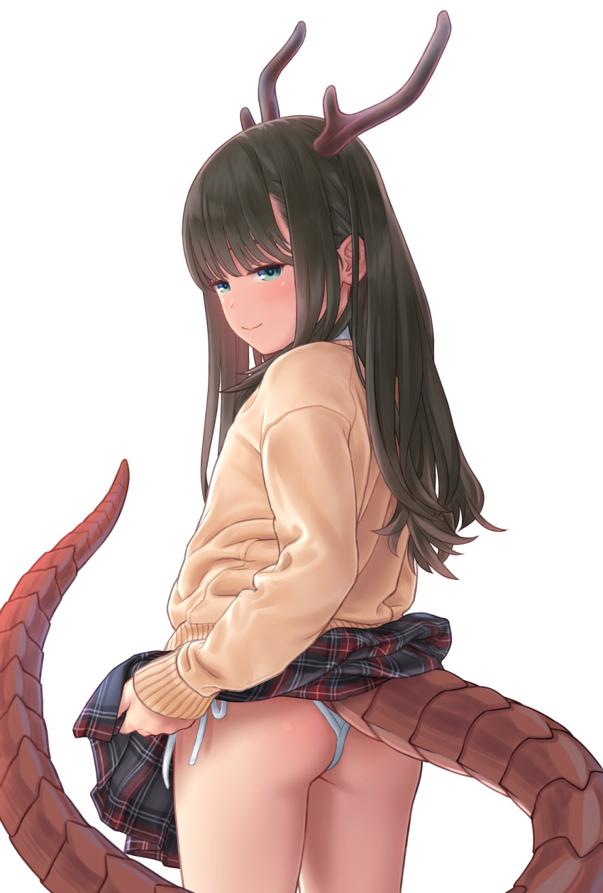 1girl absurdres aoi_kumiko ass black_hair blue_eyes brown_sweater chinese_zodiac closed_mouth clothes_lift dragon_girl dragon_horns dragon_tail from_behind grey_skirt half-closed_eyes highres horns lifted_by_self long_hair long_sleeves looking_at_viewer looking_back original panties plaid plaid_skirt puffy_long_sleeves puffy_sleeves side-tie_panties simple_background skirt skirt_lift sleeves_past_wrists smile solo sweater tail underwear white_background white_panties year_of_the_dragon