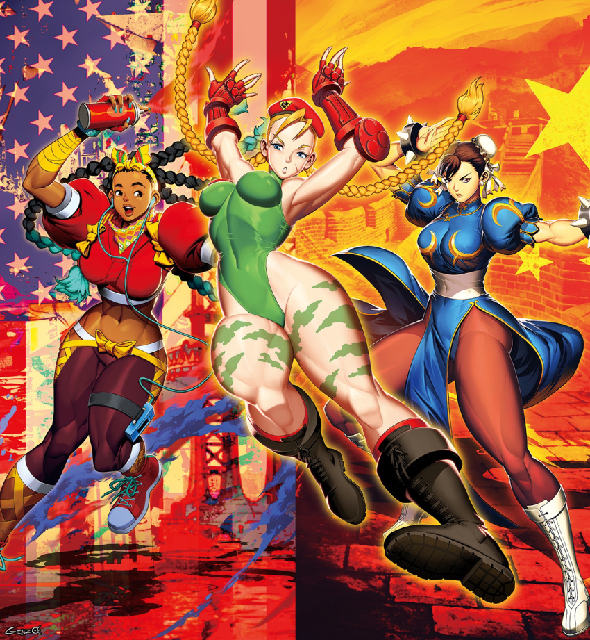 3girls american_flag blonde_hair bodypaint bracelet braid breasts bun_cover cammy_white china_dress chinese_clothes chun-li dark_skin double_bun dress earbuds earphones genzoman great_wall_of_china green_leotard hair_bun highres jewelry kimberly_jackson leotard listening_to_music midriff multiple_girls navel open_mouth pantyhose people's_republic_of_china_flag quad_braids scar scar_on_cheek scar_on_face spiked_bracelet spikes street_fighter twin_braids