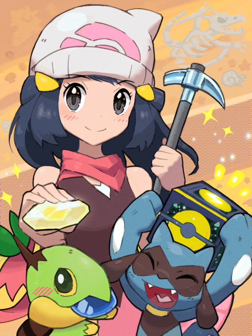 1girl aerodactyl arc_draws beanie blue_hair closed_mouth dark_blue_hair dawn_(pokemon) evolutionary_stone fossil grey_eyes hair_ornament hands_up hat helix_fossil highres holding holding_pickaxe pickaxe pink_scarf pokemon pokemon_(creature) pokemon_bdsp riolu scarf shiny_stone_(pokemon) short_hair smile split_mouth turtwig water_stone white_headwear