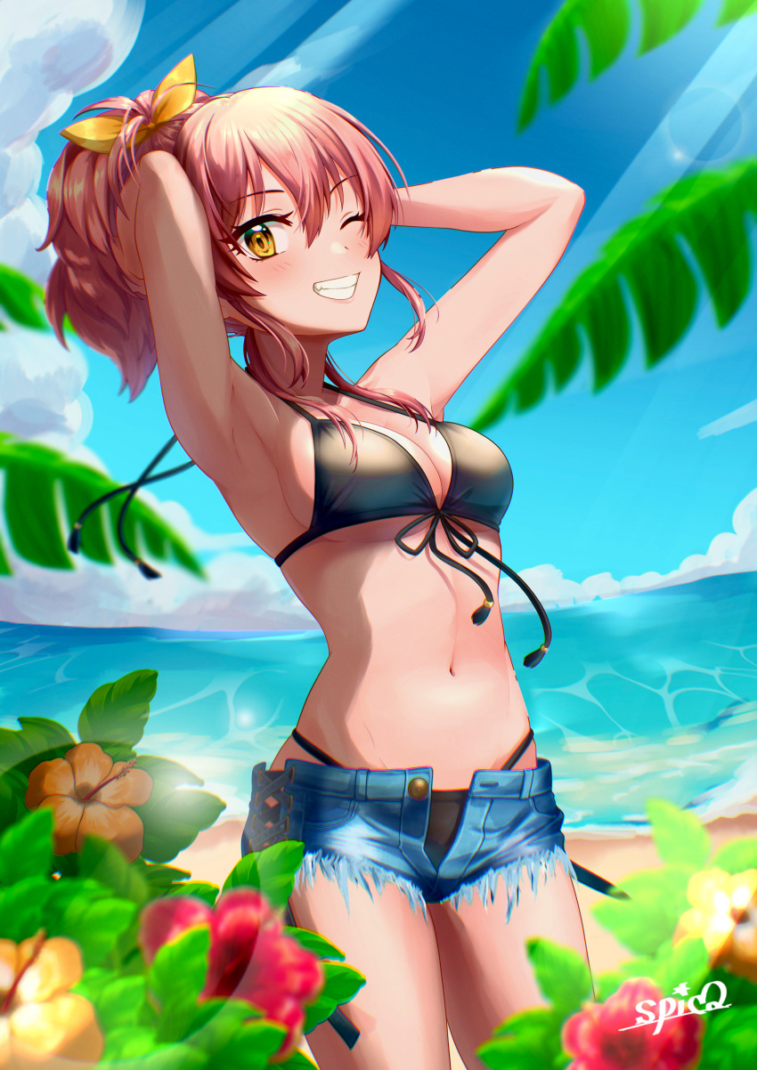 1girl absurdres armpits bare_shoulders beach bikini black_bikini blush breasts cleavage denim denim_shorts front-tie_bikini_top front-tie_top highres idolmaster idolmaster_cinderella_girls jougasaki_mika looking_at_viewer medium_breasts navel ocean one_eye_closed open_mouth pink_hair ponytail shorts solo spicapix swimsuit thighs yellow_eyes