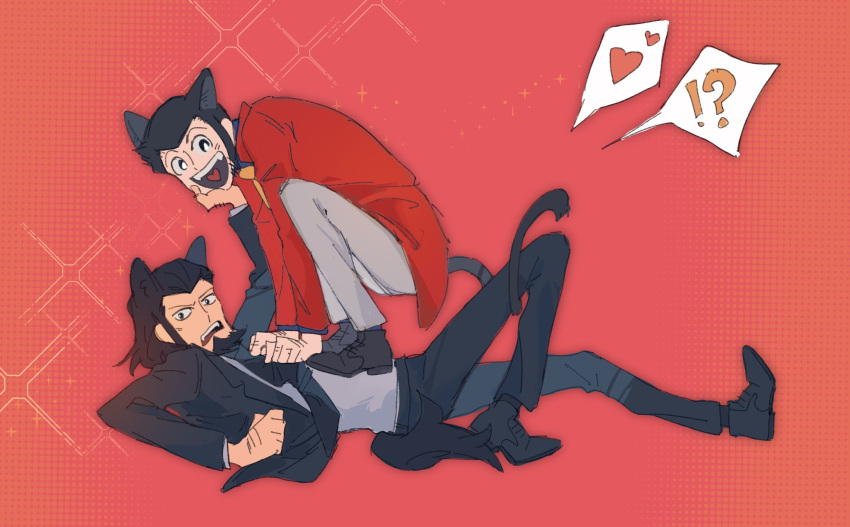 !? 2boys animal_ears arsene_lupin_iii beard black_footwear black_hair black_jacket black_pants cat_ears cat_tail extra_ears facial_hair fan_li grey_pants hand_hair heart heart_in_mouth highres jacket jigen_daisuke kemonomimi_mode long_sideburns lupin_iii male_focus multiple_boys necktie open_mouth pants pink_background pouncing red_jacket shirt short_hair sideburns sideburns_stubble speech_bubble tail teeth upper_teeth_only white_shirt wolf_ears wolf_tail yaoi yellow_necktie