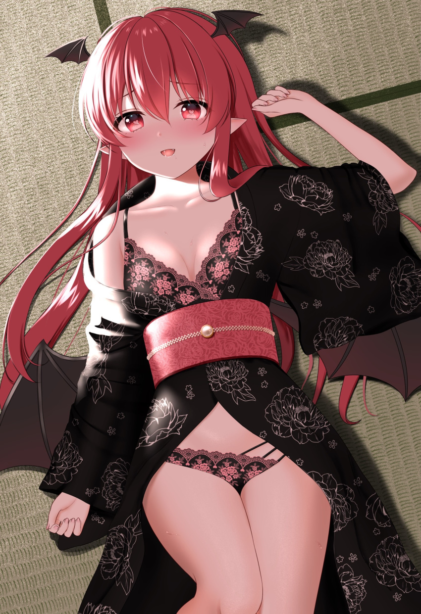 1girl absurdres alternate_costume arm_at_side aroused black_bra black_kimono black_panties blush bra breasts collarbone commentary_request commission cowboy_shot demon_girl demon_wings drooling drop_shadow eyelashes fang floral_print frilled_bra frilled_panties frills from_above hair_between_eyes hair_over_shoulder hair_spread_out hand_up head_wings heart heart-shaped_pupils highres japanese_clothes kimono koakuma large_breasts long_hair long_sleeves looking_at_viewer lovestruck lying mouth_drool nose_blush nyanyanoruru on_back on_floor open_mouth panties pointy_ears red_eyes red_hair sidelocks single_bare_shoulder skeb_commission smile solo sweat symbol-shaped_pupils thighs touhou underwear very_long_hair wide_sleeves wings