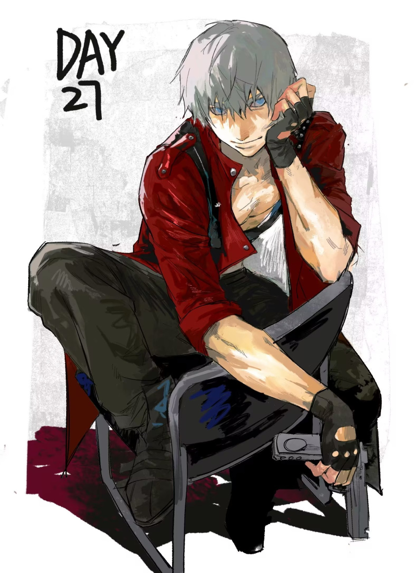 1boy belt_bra bishounen blue_eyes coat dante_(devil_may_cry) devil_may_cry_(series) devil_may_cry_3 ebony_&amp;_ivory fingerless_gloves gloves gun highres long_hair male_focus orr2kln3tjteydj red_coat smile solo weapon white_hair