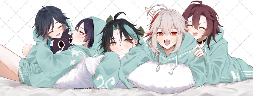 5boys absurdres alternate_costume aqua_hoodie black_hair blush closed_mouth genshin_impact green_hair hair_between_eyes highres kaedehara_kazuha long_sleeves male_focus mashiraion multicolored_hair multiple_boys open_mouth pillow red_eyes red_hair scaramouche_(cat)_(genshin_impact) scaramouche_(genshin_impact) shikanoin_heizou smile stuffed_animal stuffed_cat stuffed_toy venti_(genshin_impact) white_hair xiao_(genshin_impact) yellow_eyes