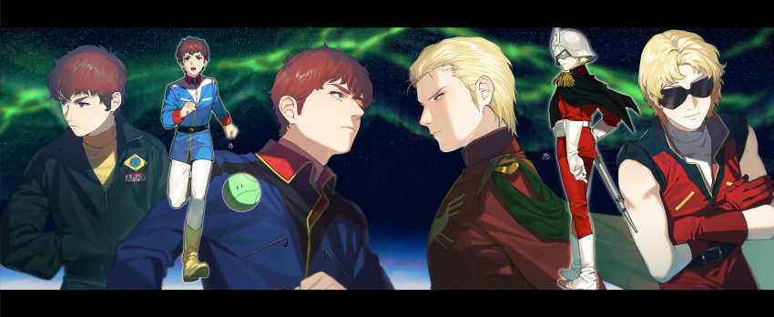 2boys :o absurdres age_progression amuro_ray artist_logo belt black_belt black_border black_cape black_jacket blonde_hair blue_eyes blue_jacket boots border brown_hair cape char's_counterattack char_aznable closed_mouth collared_jacket crossed_arms epaulettes eye_contact frown full_body gloves gundam hair_slicked_back hand_in_pocket haro helmet high_collar highres jacket letterboxed light_smile looking_at_another male_focus mask military_uniform mobile_suit_gundam multiple_boys multiple_views open_mouth outline pants quattro_bajeena red_gloves red_jacket red_pants running scar scar_on_face scar_on_forehead serious shirt short_hair sleeveless sleeveless_jacket sleeveless_shirt smirk space standing sunglasses teeth thick_eyebrows toned toned_male turtleneck uniform upper_body upper_teeth_only ususio_11 white_footwear white_gloves white_outline white_pants white_shirt wing_collar yellow_footwear yellow_shirt zeta_gundam