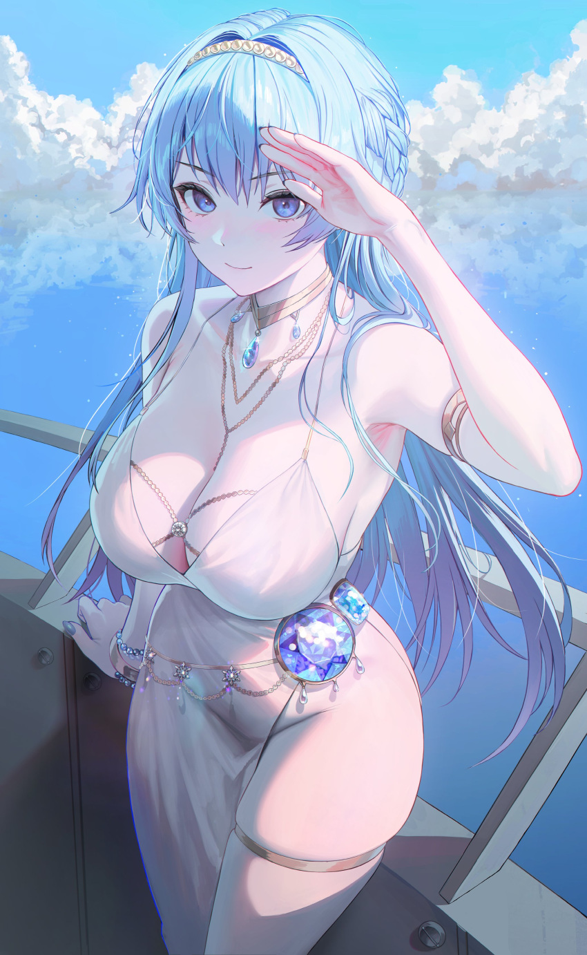 1girl absurdres arm_up armlet armpits bare_shoulders blue_eyes blue_gemstone blue_hair blue_sky breasts cleavage closed_mouth cloud cloudy_sky commentary_request dress feet_out_of_frame fingernails gem goddess_of_victory:_nikke gold_necklace helm_(chandelier)_(nikke) helm_(nikke) highres jewelry korean_commentary large_breasts long_hair looking_at_viewer myabit necklace no_panties official_alternate_costume pearl_hairband salute side_slit sky sleeveless sleeveless_dress smile solo thick_thighs thigh_strap thighs white_dress