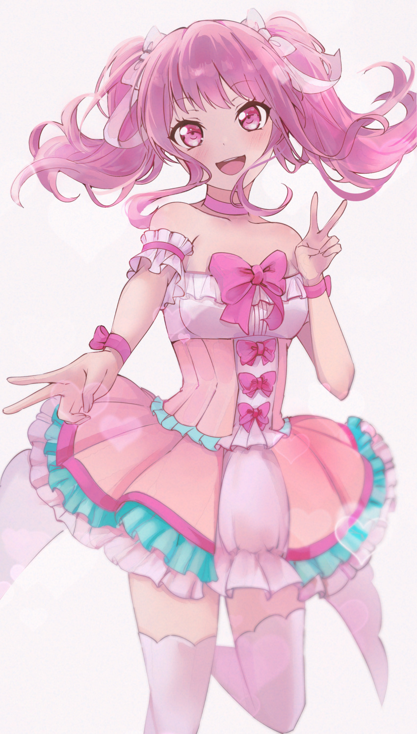1girl absurdres armband bang_dream! blush bow choker collarbone commentary double_v dress frilled_armband frilled_dress frills hair_bow heart highres looking_at_viewer maruyama_aya onmoynn open_mouth pink_bow pink_choker pink_dress pink_eyes pink_hair pink_theme simple_background smile solo standing standing_on_one_leg teeth thighhighs thighs underbust upper_teeth_only v white_background white_thighhighs wrist_bow