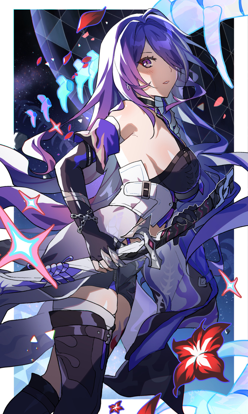 1girl absurdres acheron_(honkai:_star_rail) ahoge bare_shoulders black_choker black_gloves black_shorts black_thighhighs blush breasts chain choker coat commentary_request elbow_gloves gloves hair_intakes highres holding holding_sword holding_weapon honkai:_star_rail honkai_(series) katana large_breasts long_hair looking_at_viewer parted_lips purple_eyes purple_hair revision sakana_(fishchunk) scabbard sheath sheathed short_shorts shorts solo standing sword thighhighs thighs very_long_hair weapon white_coat