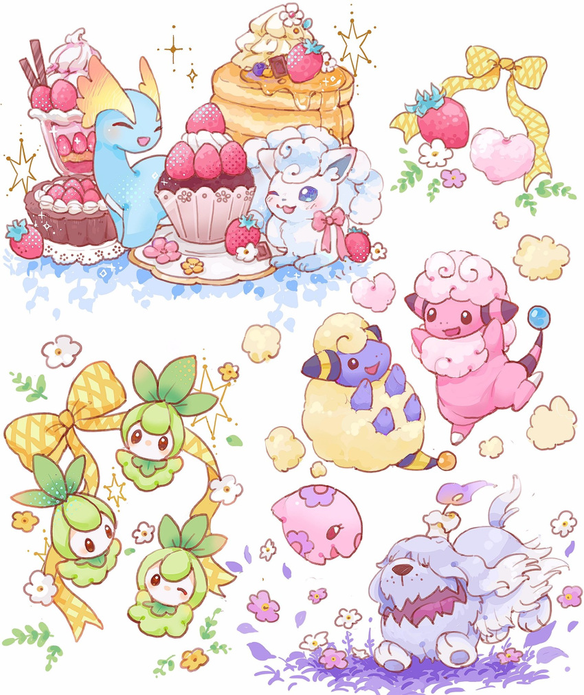 alolan_vulpix amaura animal_focus black_eyes blue_eyes blue_skin bow bright_pupils candle closed_eyes colored_skin commentary_request cream dog eyelashes fangs flaaffy floating fluffy food freckles fruit greavard green_hair grey_fur highres hyoudo_(d2_isu) ice_cream maple_syrup mareep multiple_tails munna no_humans one_eye_closed open_mouth pancake petilil pokemon pokemon_(creature) purple_eyes red_eyes sheep simple_background skin_fangs smile sparkle standing standing_on_one_leg strawberry tail white_background white_pupils white_skin yellow_bow