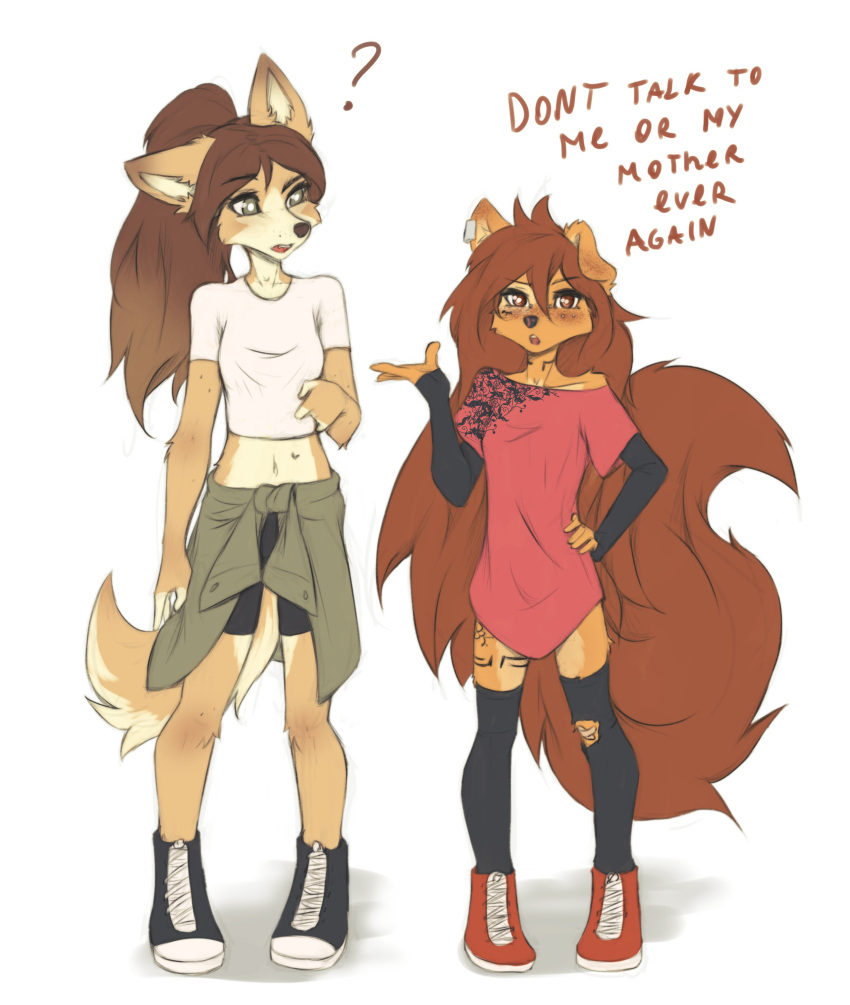 2024 absurd_res anthro apogee_(tinygaypirate) brown_body brown_fur brown_hair canid canine canis clothed clothing digital_media_(artwork) dingo domestic_dog don't_talk_to_me_or_my_son_ever_again duo english_text female floppy_ears footwear fully_clothed fur hair hi_res looking_at_another mammal meme midriff shoes simple_background tan_body tan_fur text tinygaypirate white_background