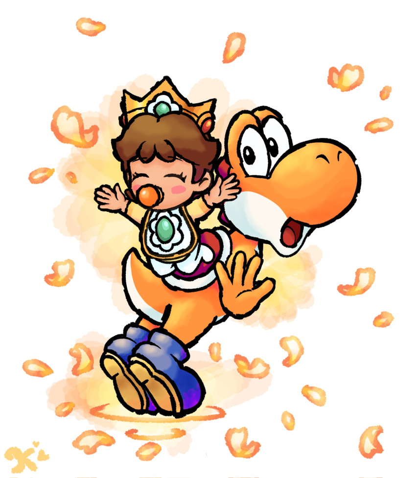 1boy 1girl baby baby_daisy bib blue_footwear blush_stickers boots brown_hair closed_eyes crown full_body highres keidontlie looking_at_viewer mario_(series) official_style open_mouth orange_petals pacifier simple_background white_background yoshi yoshi's_island_ds yoshi's_island_ds_(style)