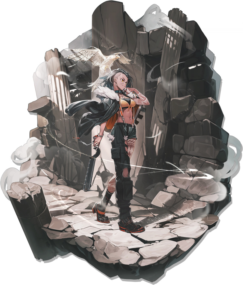 1girl arknights arm_tattoo black_footwear black_hair black_jacket black_tank_top boots breasts dark-skinned_female dark_skin denim denim_shorts ear_piercing earrings fur-trimmed_jacket fur_trim highres holding holding_weapon infection_monitor_(arknights) jacket jewelry kamameshi_gougoumaru kestrel_(arknights) leg_tattoo navel navel_piercing non-web_source official_art open_clothes open_jacket piercing shorts shoulder_tattoo single_earring suspenders tank_top tattoo weapon yellow_eyes yellow_nails
