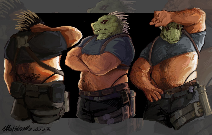 1boy alternate_muscle_size animal_head back_tattoo bara belly belt caiman_(dorohedoro) cosplay cropped_legs dorohedoro green_scales hairy highres large_pectorals leon_s._kennedy leon_s._kennedy_(cosplay) male_focus mothballlz multiple_views muscular muscular_male nipples pants pectorals plump reptile_boy resident_evil stomach tattoo thick_arm_hair thick_navel_hair