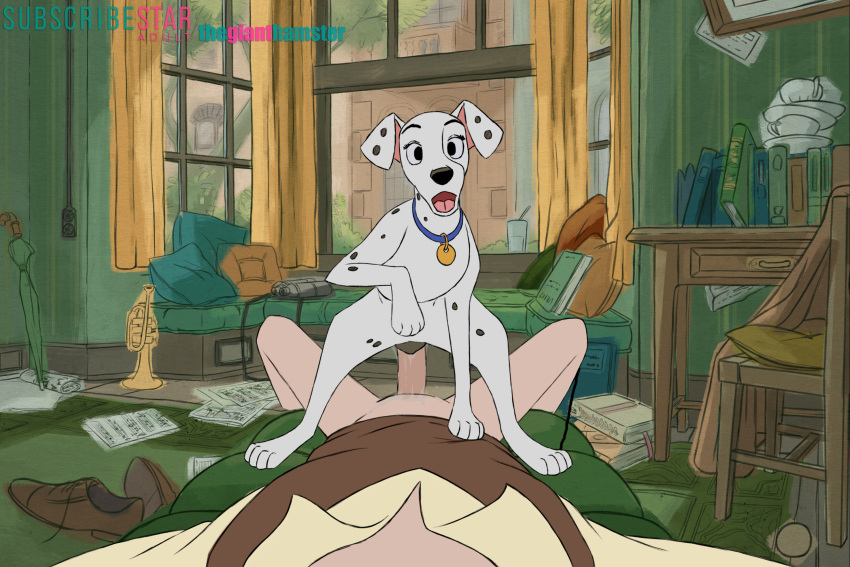 101_dalmatians animal_genitalia bestiality bodily_fluids canid canine canis clothed clothing cowgirl_position disney domestic_dog duo erection female female_on_top female_penetrated feral from_front_position genital_fluids genitals hi_res human human_on_feral humanoid_genitalia humanoid_penis interspecies male male/female male_penetrating mammal on_bottom on_top penetration penis perdita roger_radcliffe sex the_giant_hamster vaginal vaginal_penetration