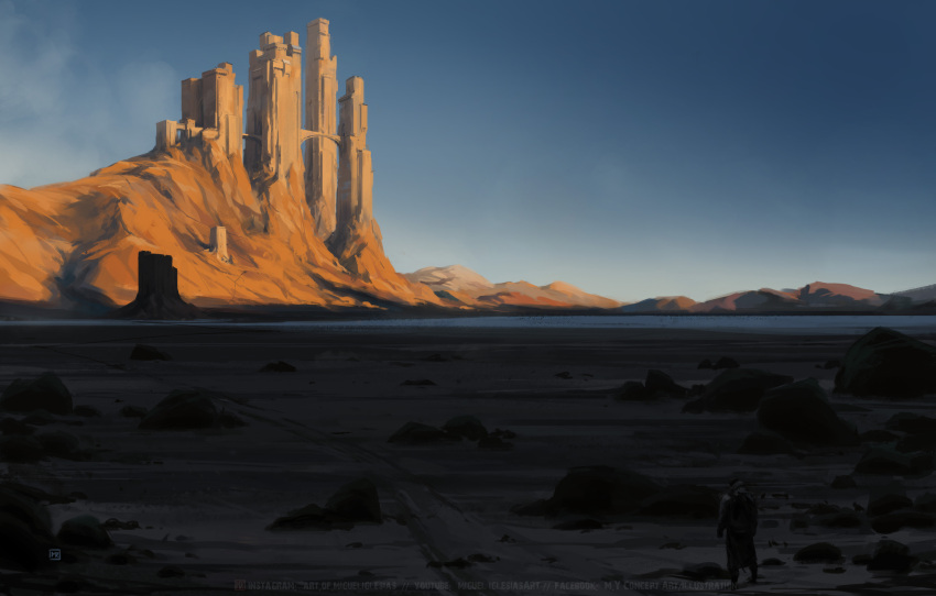 1boy absurdres artist_logo artist_name bridge building castle concept_art desert facebook_username fantasy fortress highres instagram_username landscape miguel_iglesias mountain original outdoors rock sand scenery sky solo standing tower web_address youtube_username