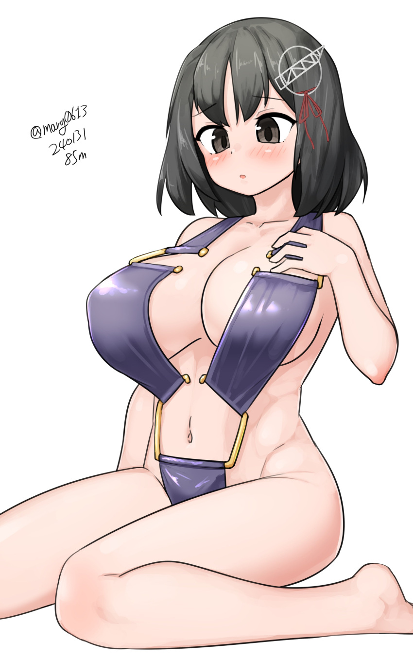 1girl absurdres alternate_costume black_hair breasts brown_eyes casual_one-piece_swimsuit dated haguro_(kancolle) hair_ornament hairclip highres kantai_collection large_breasts maru_(marg0613) one-piece_swimsuit purple_one-piece_swimsuit short_hair simple_background sitting solo swimsuit twitter_username wariza white_background