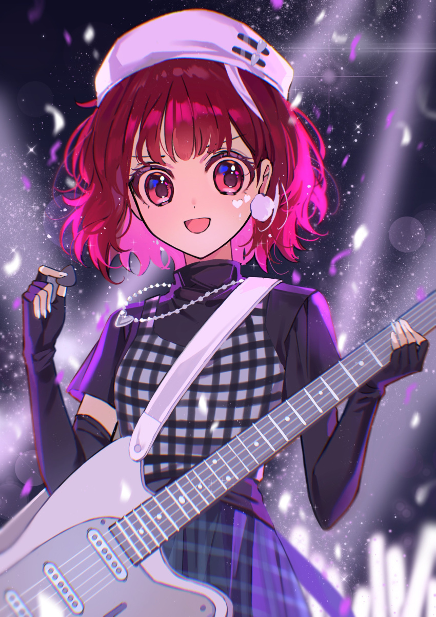 1girl absurdres arima_kana beret black_gloves black_shirt black_skirt bob_cut electric_guitar gloves guitar hat highres holding holding_plectrum idol instrument inverted_bob looking_at_viewer open_mouth oshi_no_ko plectrum red_eyes red_hair shirt short_hair skirt smile white_headwear xiang_yu_pai