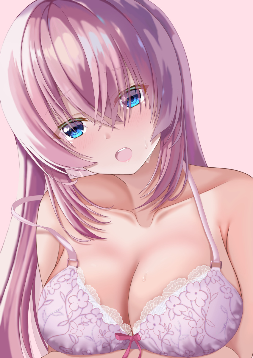 1girl absurdres arms_under_breasts blue_eyes bow bow_bra bra breasts cleavage collarbone commentary gradient_background hair_between_eyes highres ichinose_(24746718) ichinose_honami_(youjitsu) large_breasts long_hair looking_at_viewer open_mouth pink_background pink_hair purple_bra simple_background solo strap_slip underwear upper_body youkoso_jitsuryoku_shijou_shugi_no_kyoushitsu_e