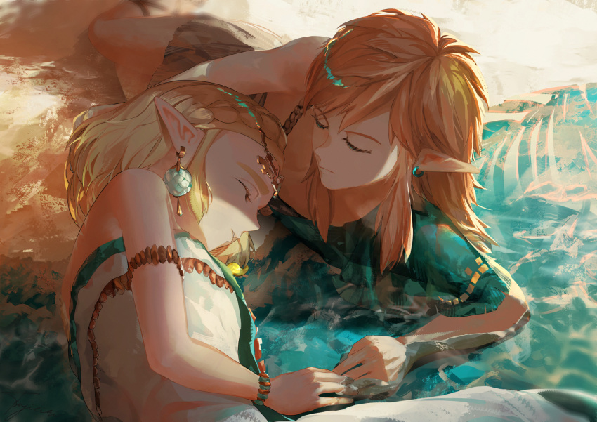 1boy 1girl archaic_set_(zelda) armlet bare_shoulders beach blonde_hair braid circlet closed_eyes closed_mouth commentary_request crown_braid dangle_earrings dress earrings finger_touching green_tunic hair_down highres jewelry link lying medium_hair ocean official_alternate_costume on_side partially_submerged pointy_ears princess_zelda short_hair signature single_bare_shoulder strapless strapless_dress the_legend_of_zelda the_legend_of_zelda:_tears_of_the_kingdom toga tsujieiri white_dress