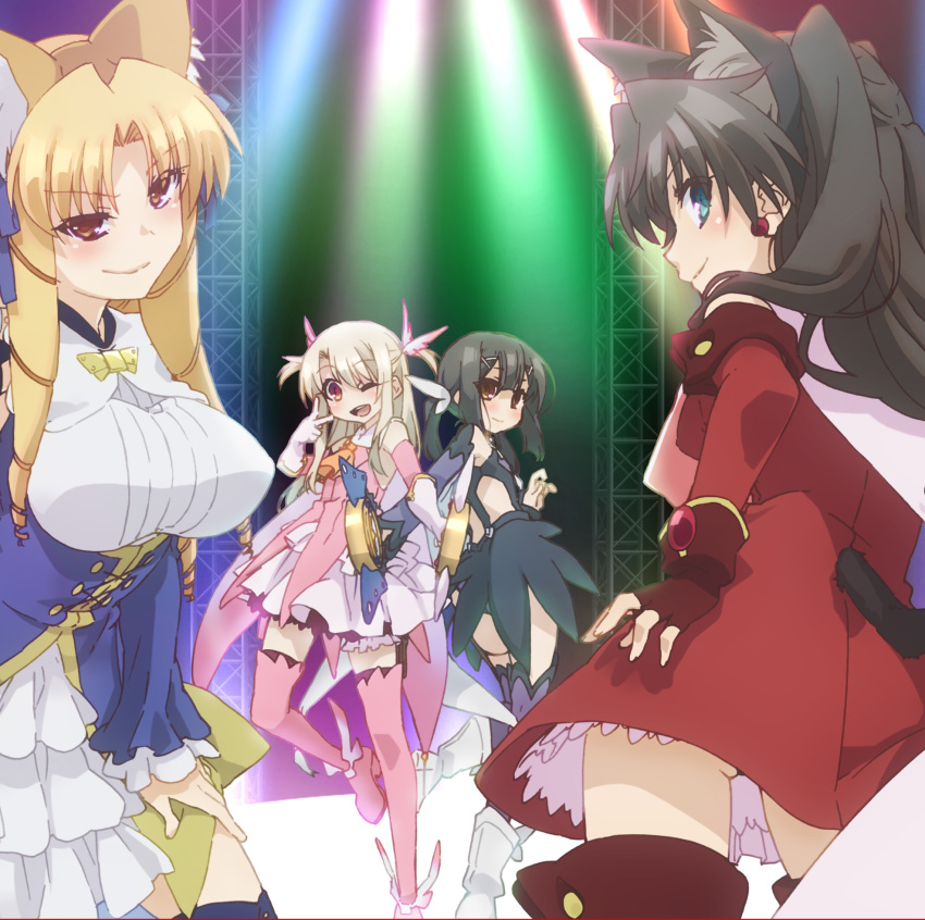 animal_ears bare_shoulders black_hair blonde_hair blue_eyes boots bow breasts brown_hair cape cat_ears cat_girl commentary_request detached_sleeves dress fake_animal_ears fate/kaleid_liner_prisma_illya fate_(series) feather_hair_ornament feathers gloves hair_between_eyes hair_ornament hand_on_own_thigh highres holding illyasviel_von_einzbern large_breasts long_hair looking_at_viewer luviagelita_edelfelt magical_girl magical_ruby magical_sapphire miyu_edelfelt multiple_girls no_nose open_mouth pink_dress pink_footwear pink_thighboots pink_thighhighs prisma_illya purple_sleeves red_dress red_eyes shoes sleeveless sleeveless_dress solo straight_hair thighhighs thighs tohsaka_rin white_gloves yellow_eyes zettai_ryouiki